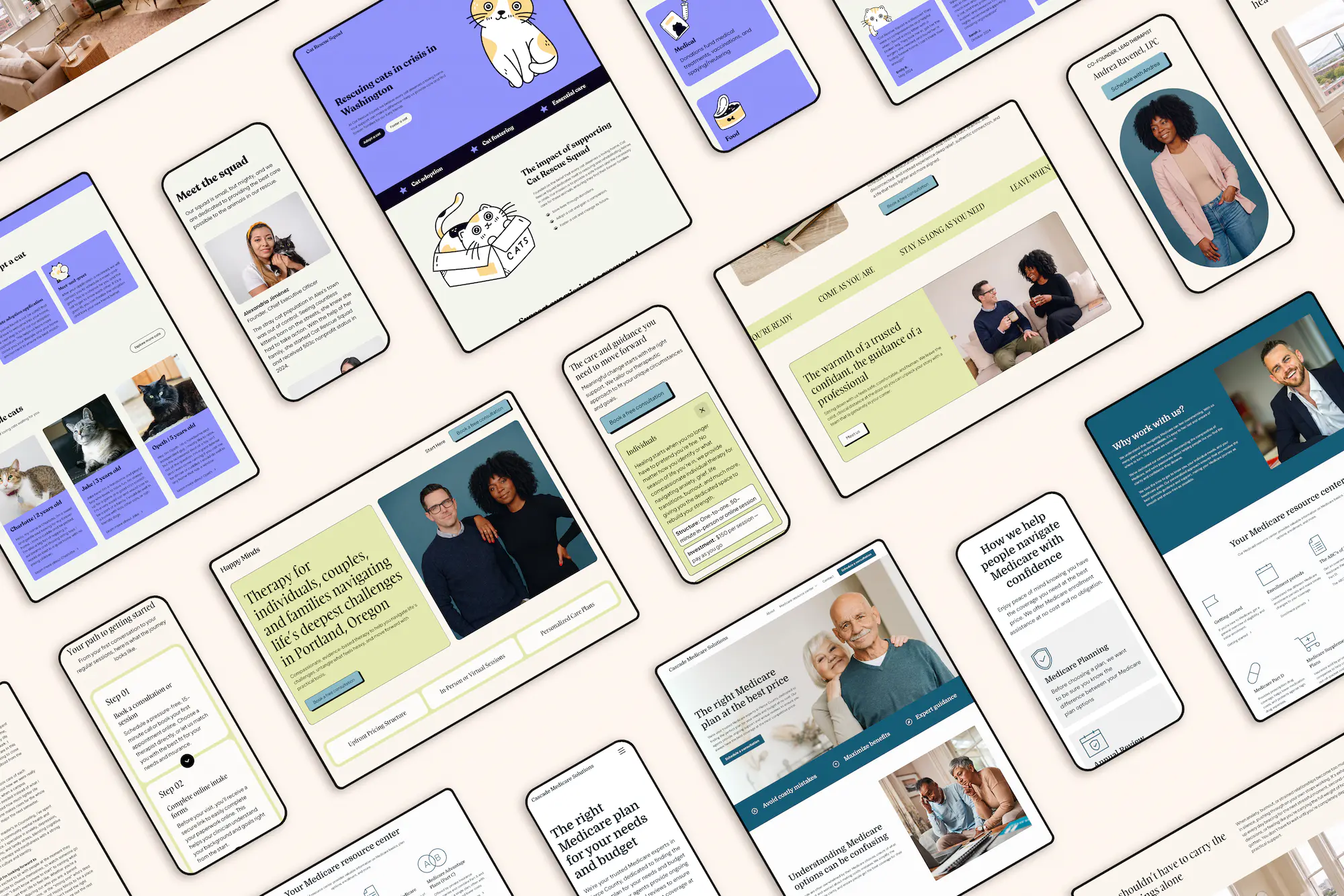 Three concept websites, each shown on desktop, tablet, and phone